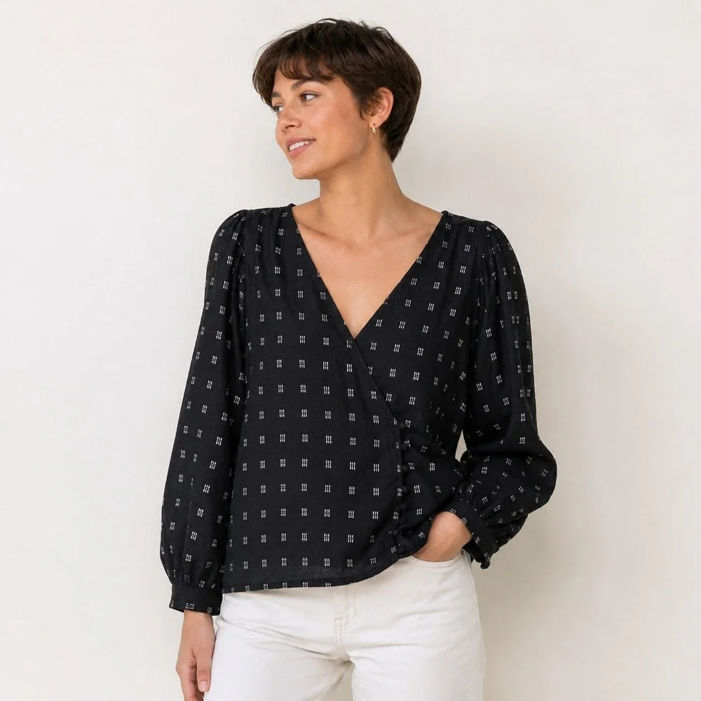 Madewell Kinston Side‎ Button Wrap Top XL Black Textured Dobby Boho